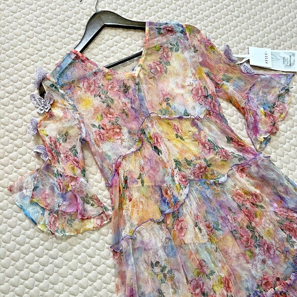 NWT Silk Floral-Print Midi Dress 3D Butterfly - Picture 6 of 10